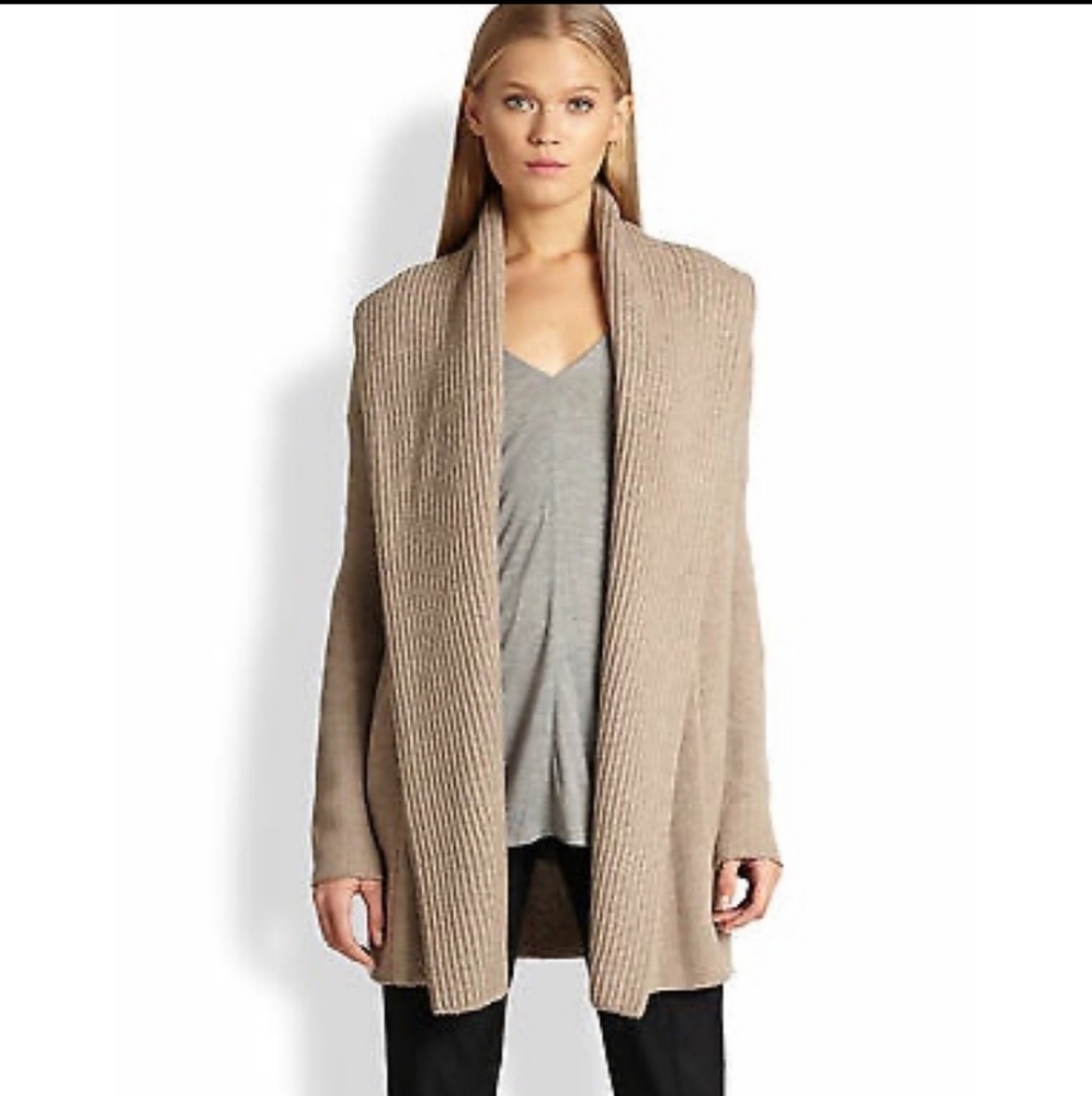 Vince ribbed shawl cardigan sweater coat w/pockets